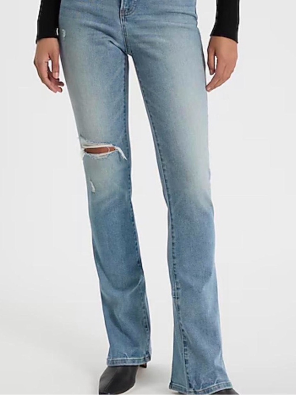 Express Light Blue Flare Jeans with Knee Rip - Women